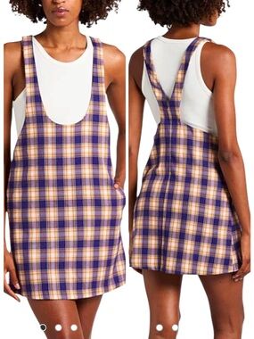Vicolo flannel mini dress pinafore purple tartan pattern deep v-neckline sz M
